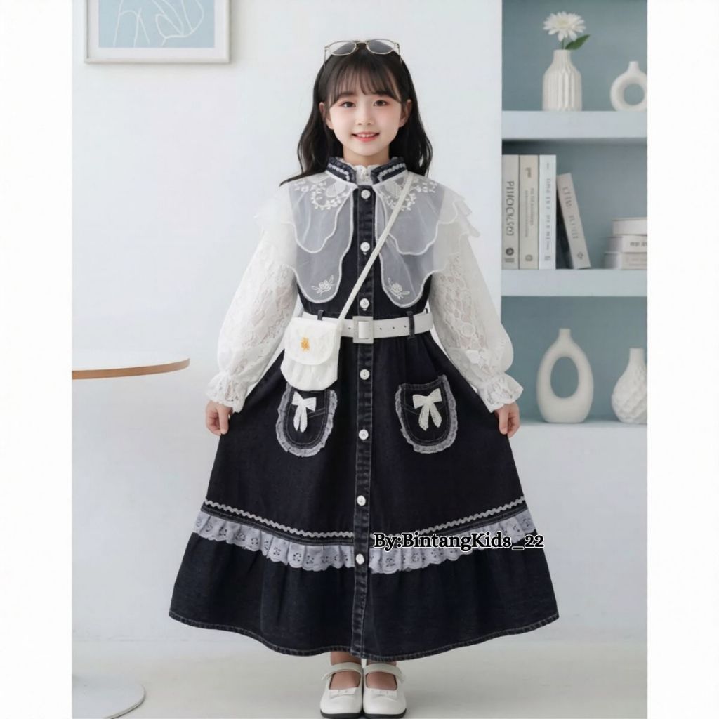 Dress Organza Anak Perempuan Bahan Premium Lengan Panjang Burkat Mewah Motif Kantong Gaun Pesta Keki