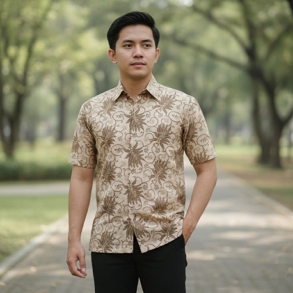 Batik Pria Lengan Pendek Krem Bahan Katun Reguler Modern | Seragam Batik Cowok Pesta Pernikahan Dan 