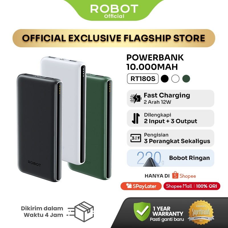 ROBOT Power Bank RT12 RT180S 10000mAh - 3 Output, Dual Input Type-C & Micro, Fast Charging 12W, Slim & Ringan - Garansi Resmi 1 Tahun