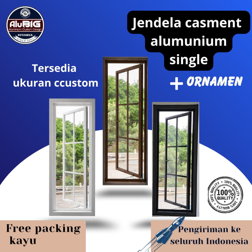 Jendela casement single uk L50xT100cm, warna hitam, putih, coklat, kaca 5mm(polos/ryben)