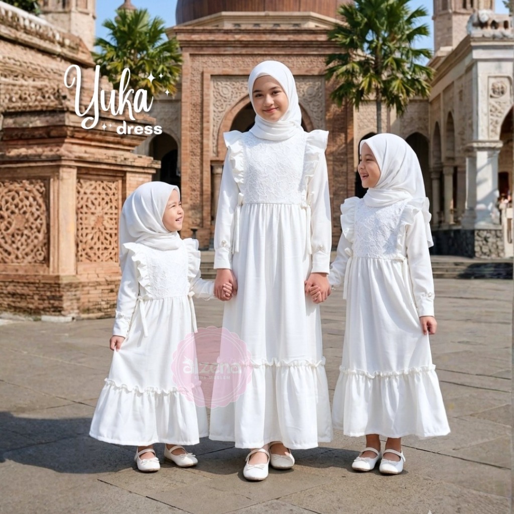 Alzena Kids Moslem - Yuka Dress Gamis Anak Putih Polos Elegan – Baju Muslim Anak Perempuan Kekinian