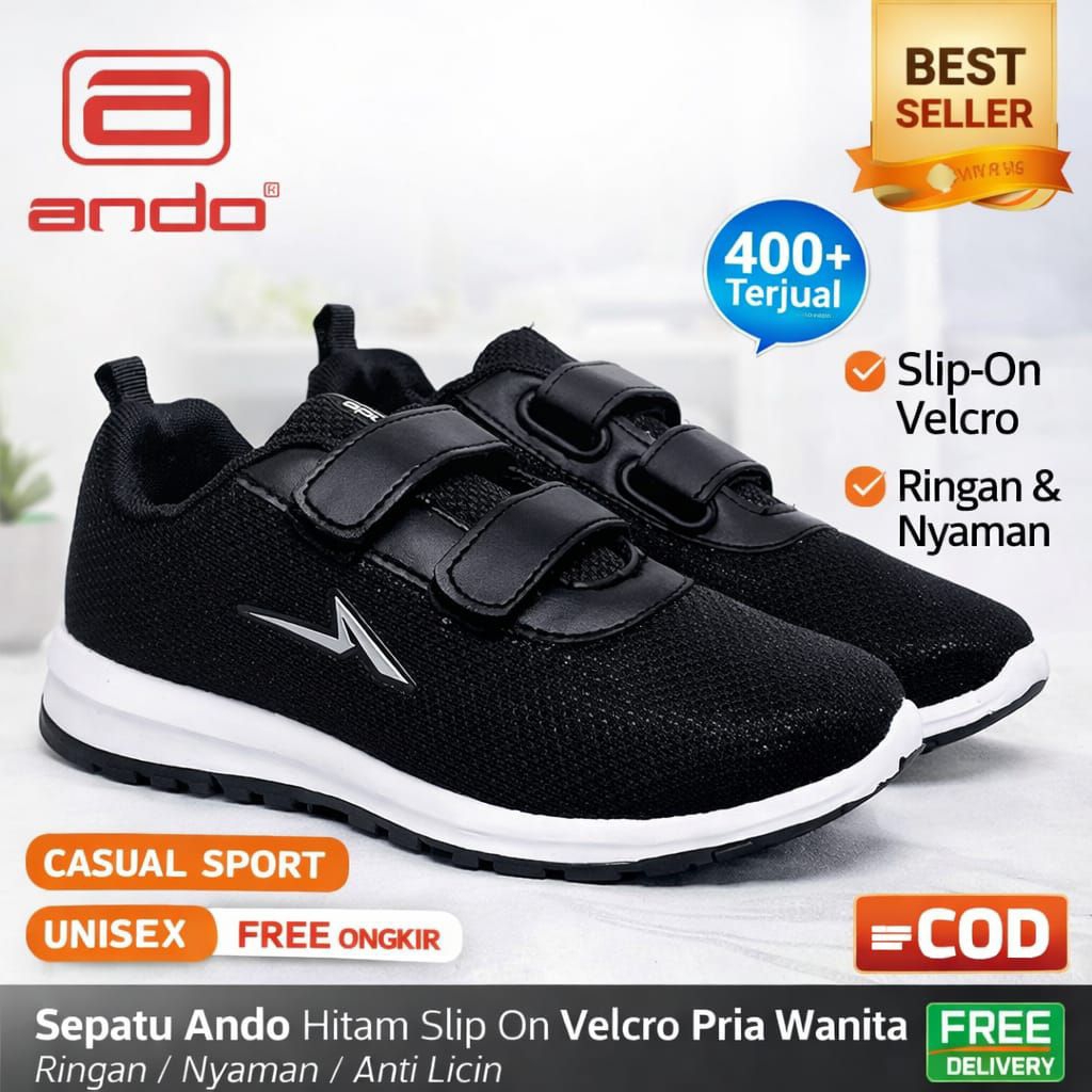 Sepatu Ando Pria Wanita Casual Sport Hitam Slip On Ringan Nyaman Anti Licin sepatu sekolah Kerja Har