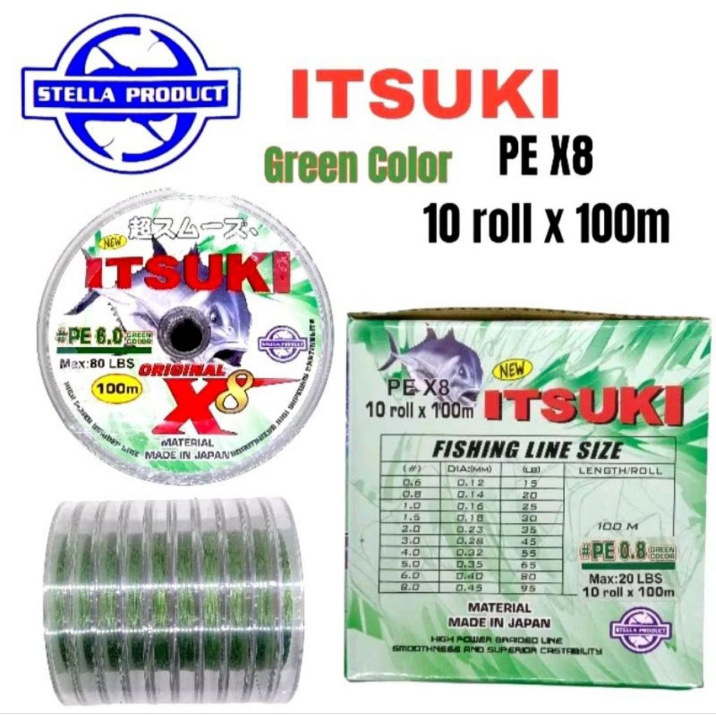 senar pancing PE stella Itsuki X8 100m connecting green colour 0.4 0.6 0.8 1 1.5 senar PE hijau