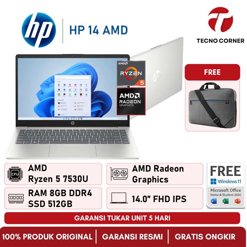 [RESMI] Laptop Hp 14 RYZEN 5 7530 RAM 8GB/SSD 512GB Windows 11 + OFFICE2024 14.0"FHD IPS