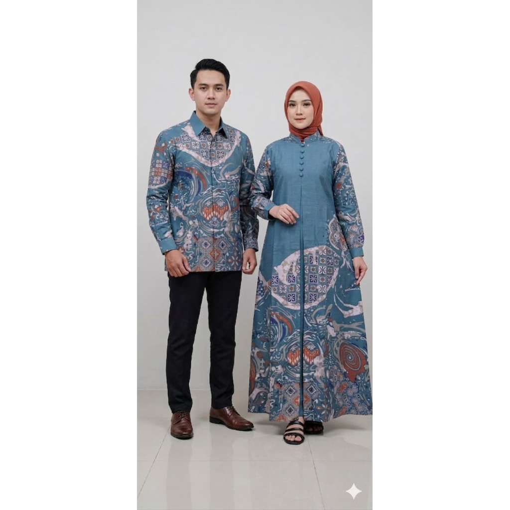 COUPLE BATIK GAMIS MODEL BUKA DEPAN LAPISAN POLOSAN KATUN TOYOBO JEPANG DAN KEMEJA BAHAN DOLBY PREMI