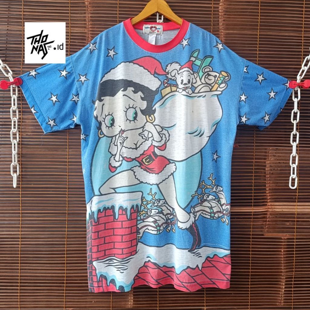 Kaos Rare vintage 90s Betty Boop Santa Claus Christmas all over print t-shirt XXL