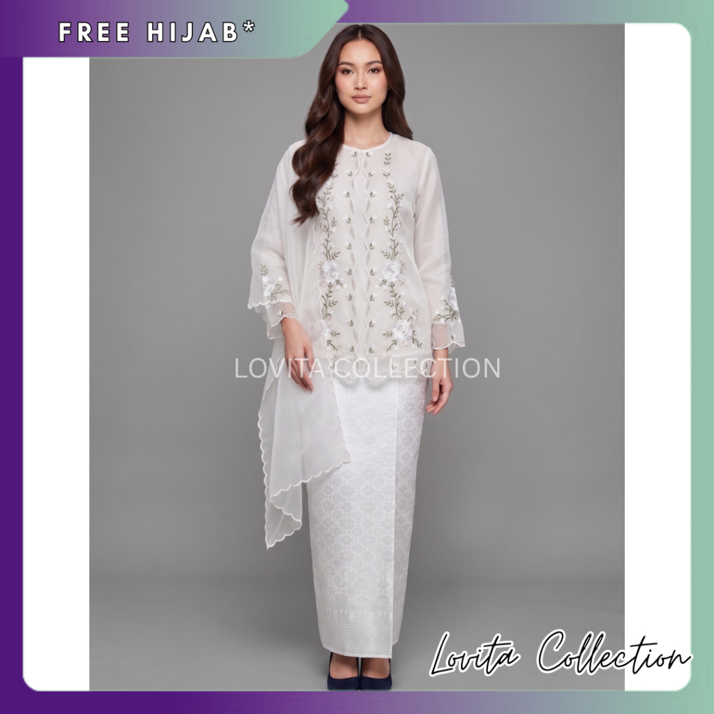 Set Kebaya Kurung Organza SAKILA Sulam Bunga Premium dan Selendang Organza / Baju Tunik Organza / Ba