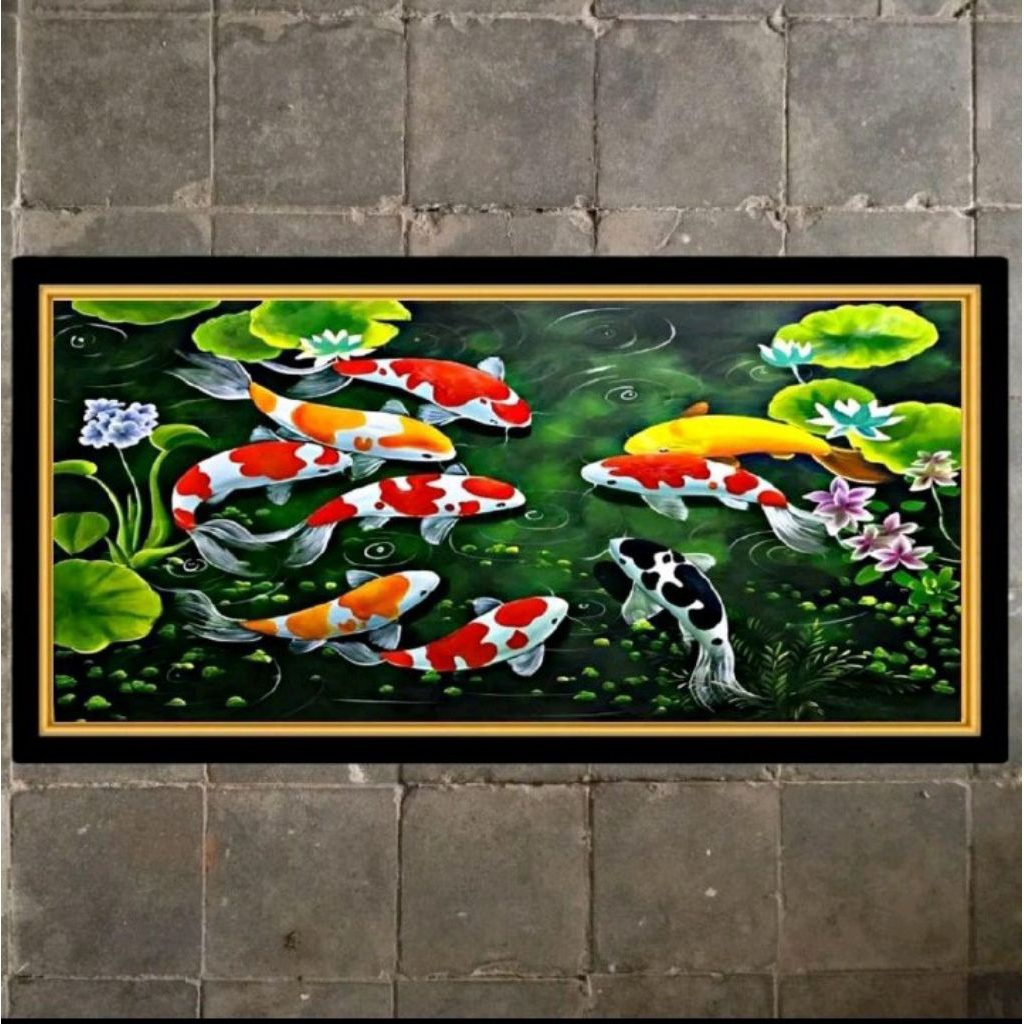 Lukisan Cetak Ikan Koi 100×50cm dengan Bingkai kayu