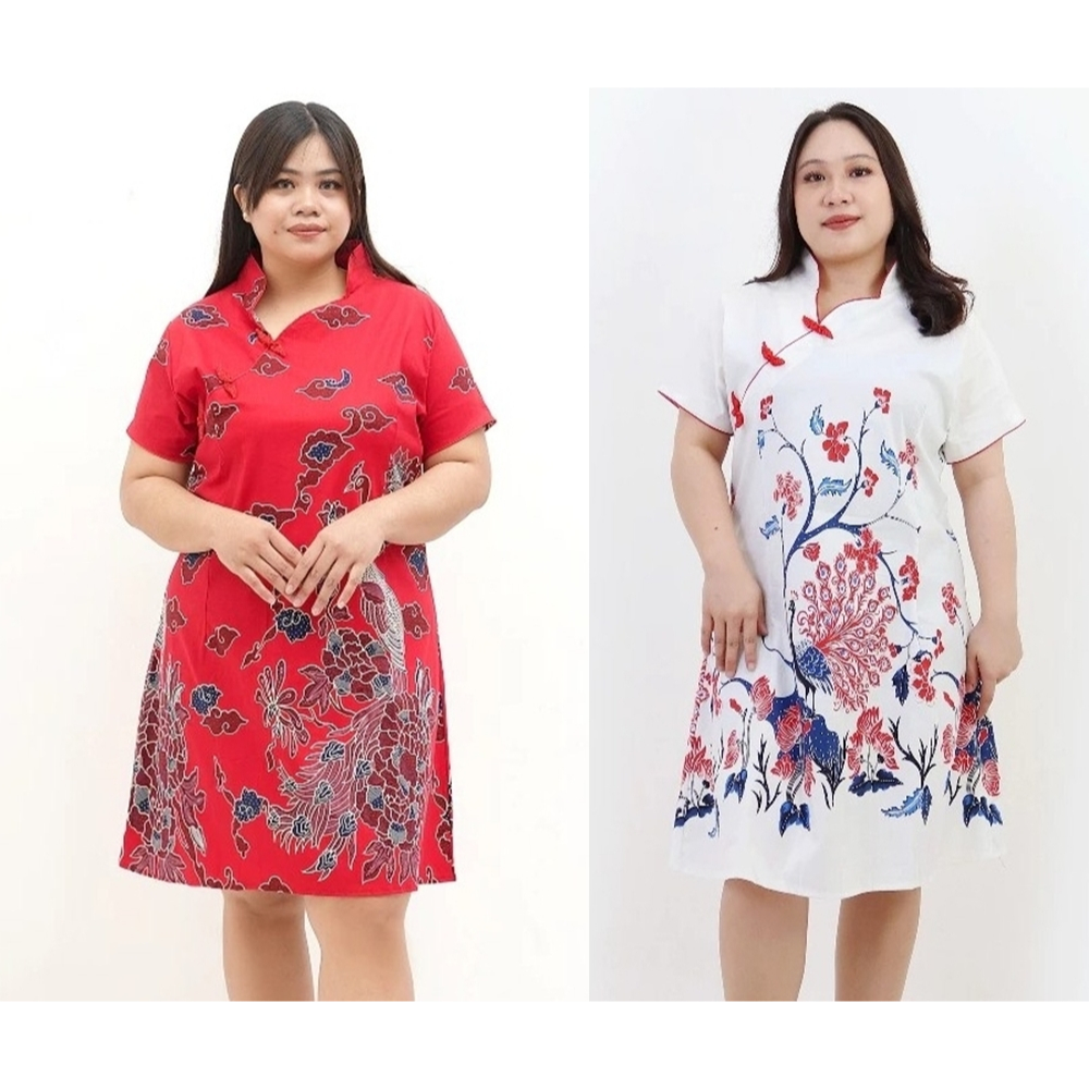 BAJU DRESS IMLEK CHEONGAM BATIK BIG OVER SIZE WANITA JUMBO 607 XXL XXXL LD QIPAO CNY MERAH PUTIH BAJ