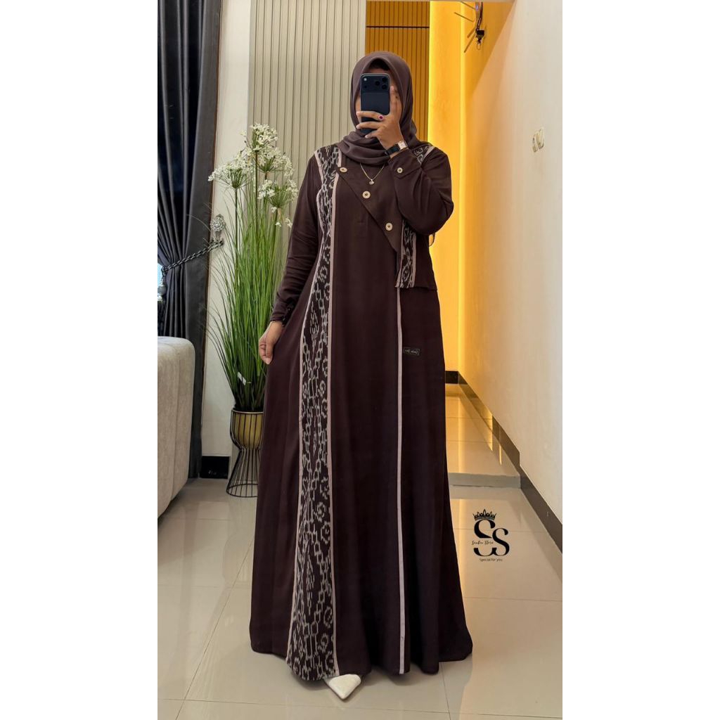 Gamis Abaya Coklat Kombinasi Motif Etnik | Dress Muslimah Elegan Jumbo Friendly