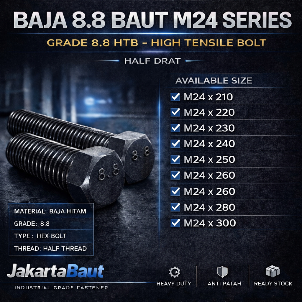 Baja 8.8 Baut M24X300 / Baut 24X300 / M24 X 300 / 24 X 300  Grade 8.8 HTB - High Tensile Bolt Half D