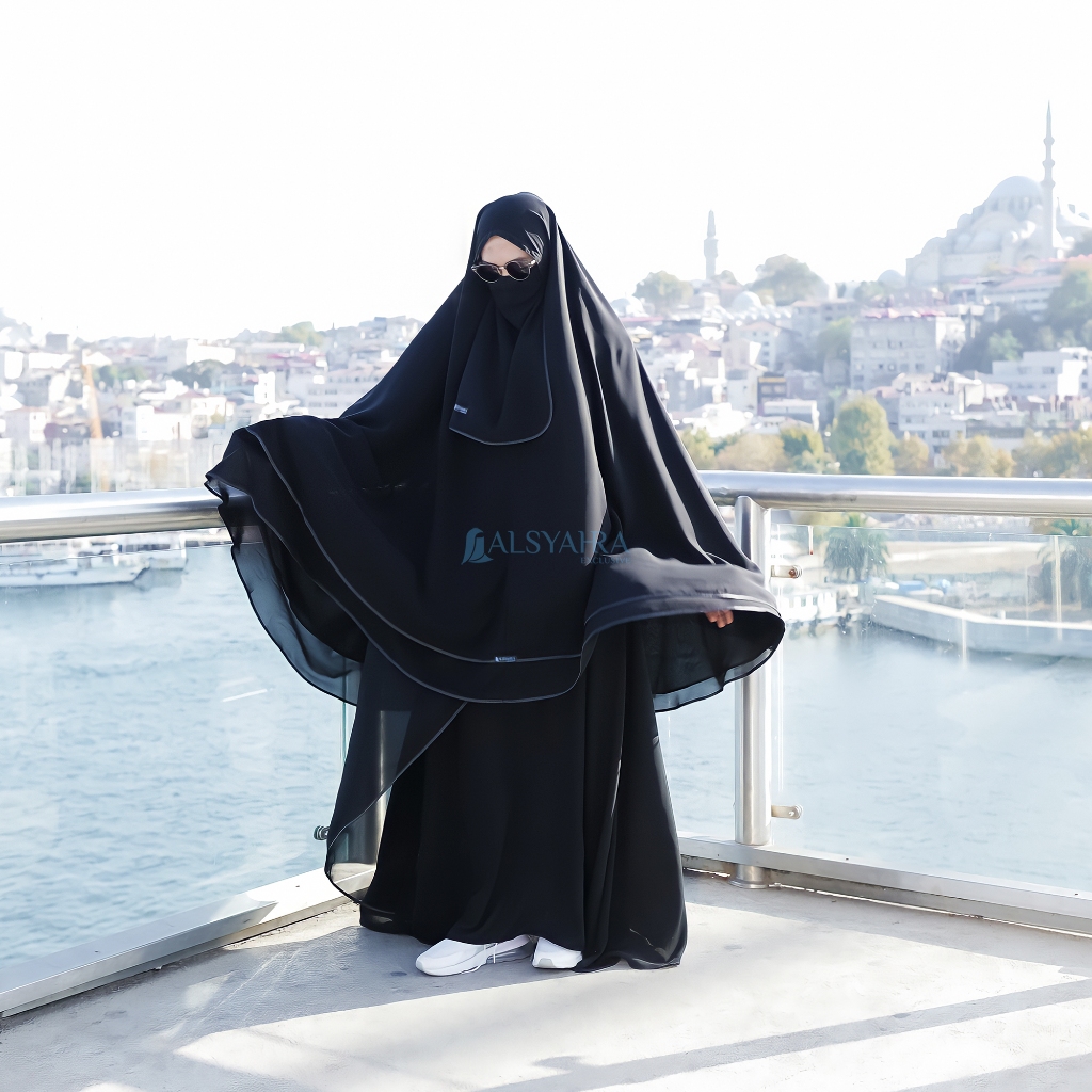 Alsyahra Exclusive Set Khimar Butterfly 2 Layer Bisban Cadar Tali Sifon Silk Jetblack Arab