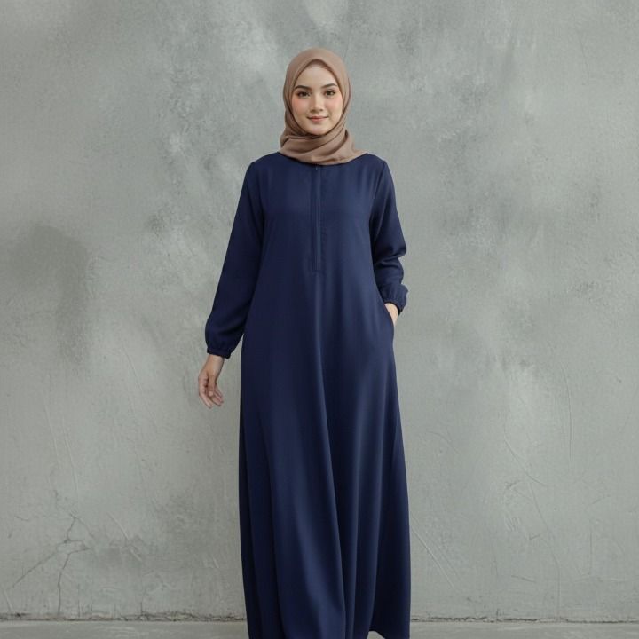 Gamis Muslimah Lengan Panjang Warna Biru Tua Polos Model Longgar Modern