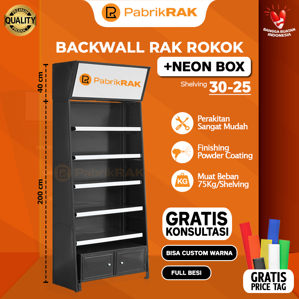 PABRIKRAK Backwall Rak Rokok Kosmetik 2 Meter Rak Display Promosi Belakang Meja Kasir [Laci + Neon B
