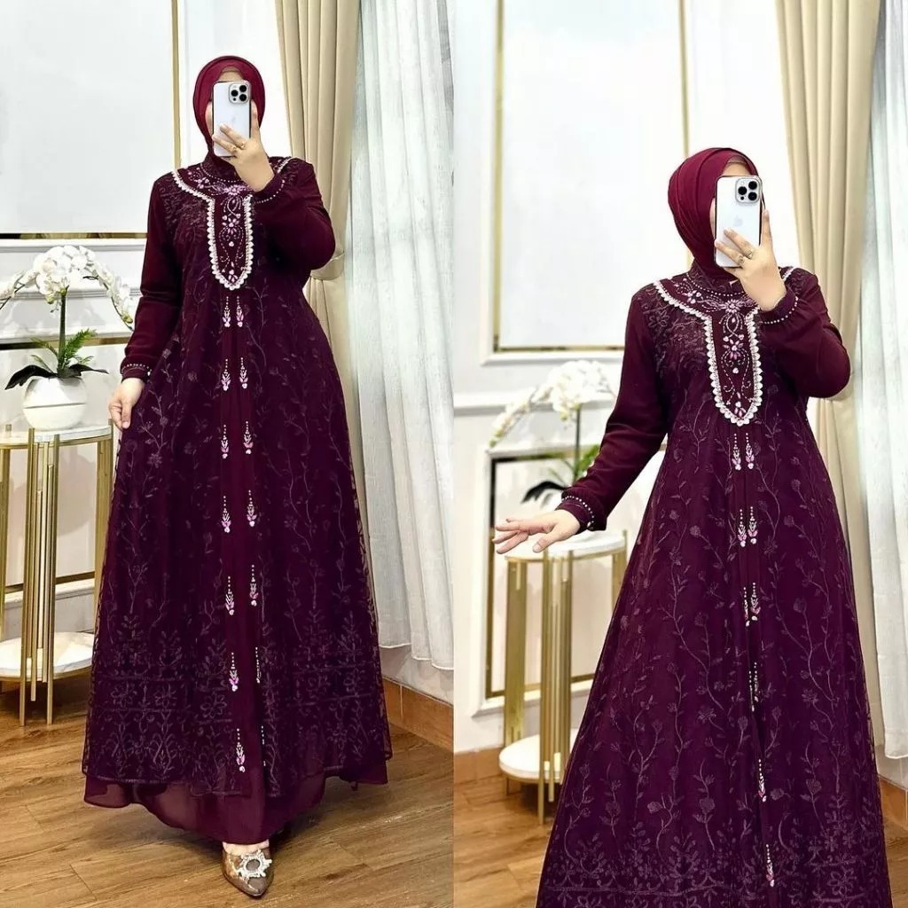 Gamis Wanita Maudy Dress Bahan CCeruty Baby Doll Mix Brukat Garden Aplikasi Mutiara Payet  Swarovski