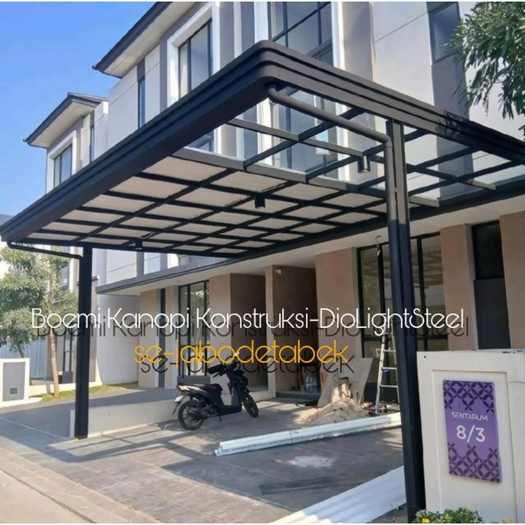 Kanopi alderon twinwall 10mm rangka besi hollow 4x6 dan 4x8 minimalis lis profil dan talang