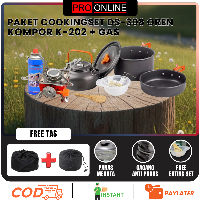Paket Nesting Camping 2 wajan 1 teko + kompor kotak + gas / kemping gunung Outdoor
