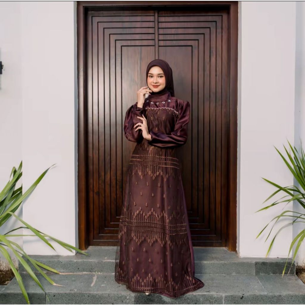 Gamis Manda Dress Brokat Motif Bahan Satin Silk Premium Gaun Pesta Kondangan Lebaran Bridesmaid Wani