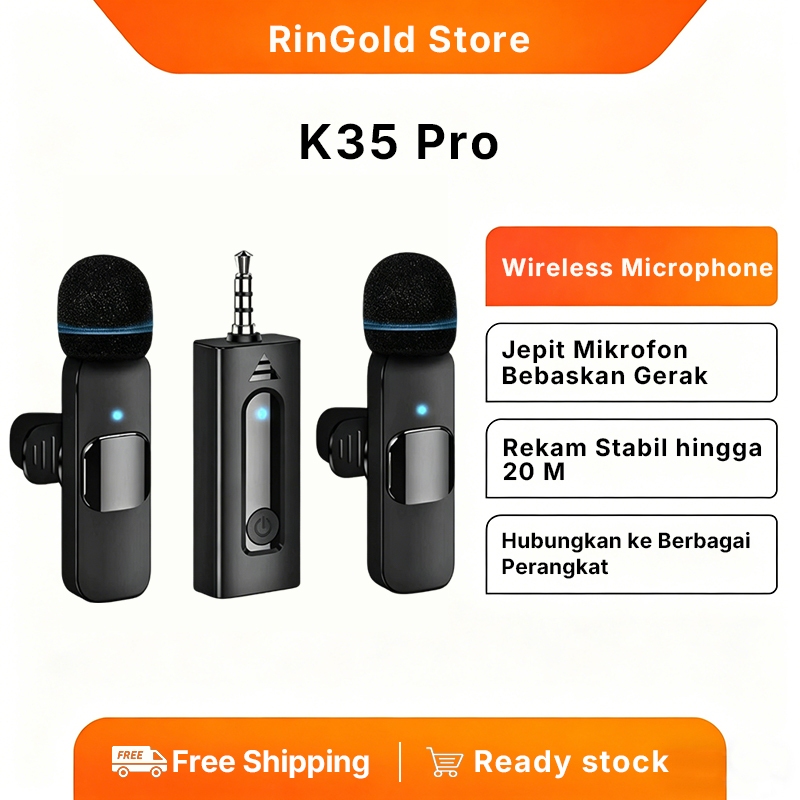 2 Mik Imam Masjid Wireless Clip On kerah Vlogging konten kreator youtuber 3.5mm - K35 Mikropon Tanpa