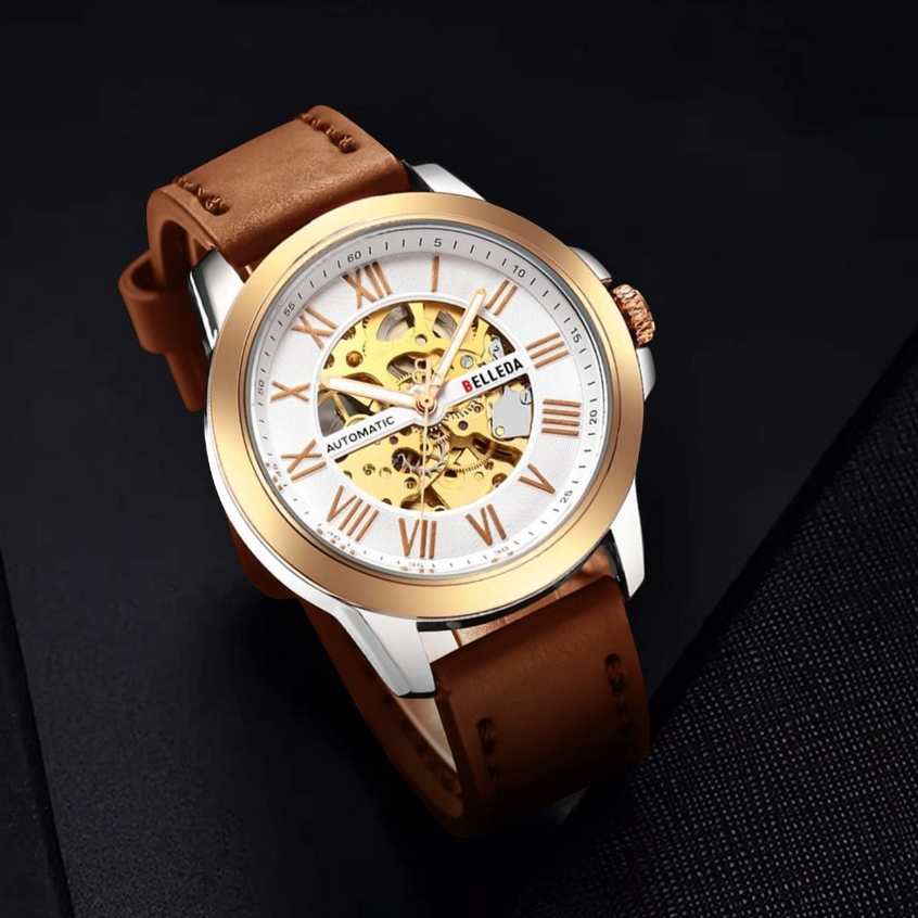 Jam Tangan Pria Belleda 9244 Mesin Automatic Strap Kulit Fashion Mewah Anti Air 3 Atm Original Watch