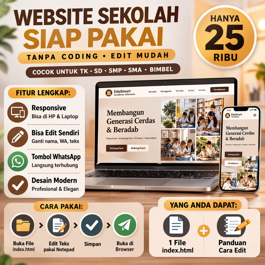 Website Sekolah Siap Pakai + Bisa Edit Mudah | Tanpa Coding | Landing Page Modern Responsive