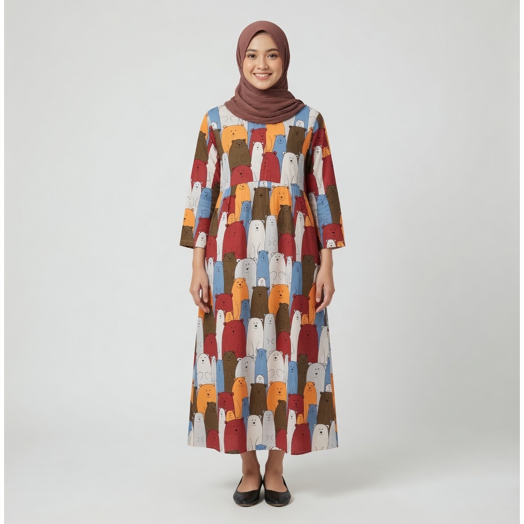 Midi Dress Daster Wanita Set Hijab Motif Beruang | Baju Tidur Kekinian Busui Friendly | Dress Santai