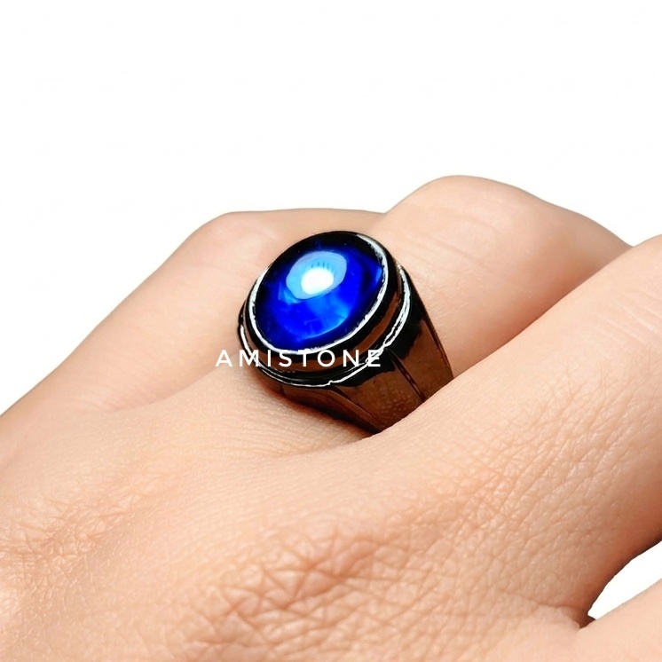 Batu Cincin Permata Akik King Safir Blue Sapphire Ring Hitam Simple