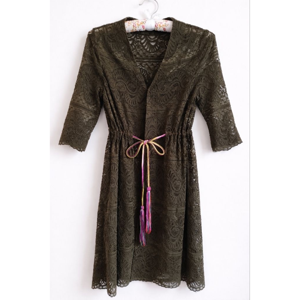 Outer Brokat Wanita Premium Sheer Lace Kimono Lace Cardigan Outer Panjang