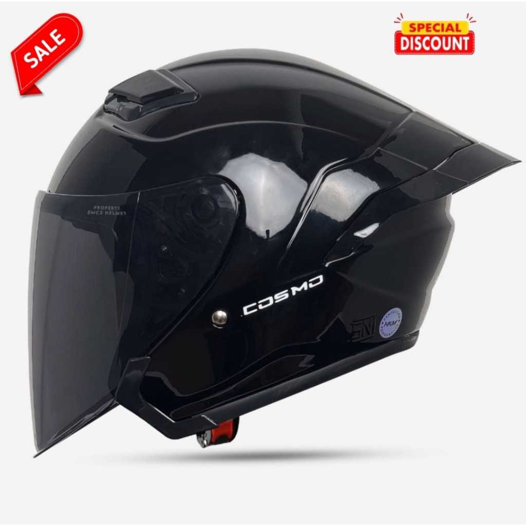Helm Half Face GTR/MLA COSMO Solid Terbaru Black Glosy Kaca Hitam Free Spoiler Tampilan Stylish (SNI