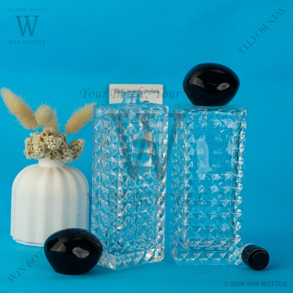 PRIVE COLLECTION Botol Parfum 100ml Berlian Kotak Semi Press CONTINUOUS Tutup Big Stone Black Ring S