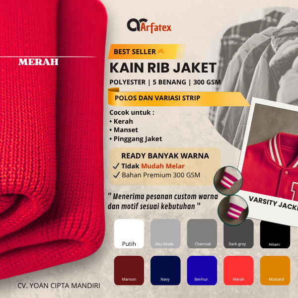 Kain rib bur polyester merah premium polos strip dan rajut babat aksesoris fashion