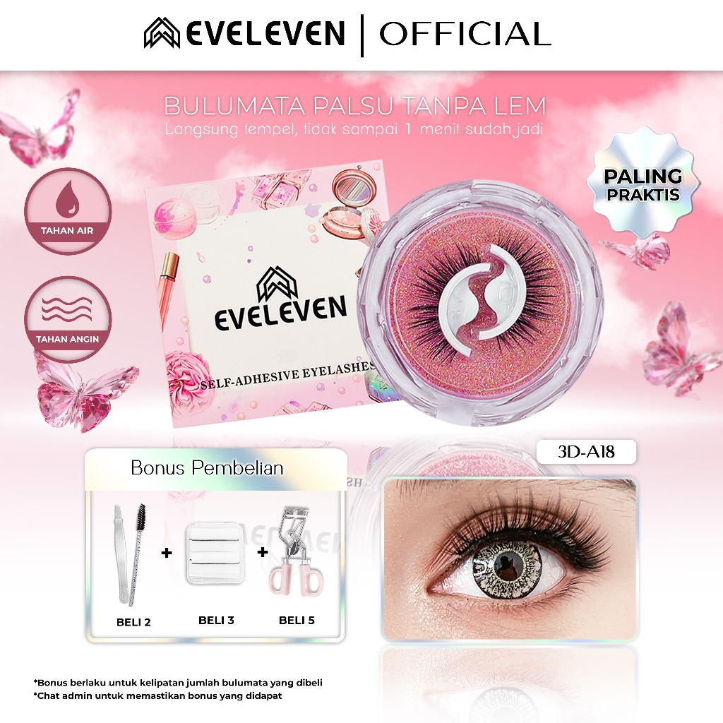 EVELEVEN 3D-A18 Bulumata Palsu Tebal Panjang Lentik Bervolume Tanpa Lem Ukuran 12-13mm Waterproof 24