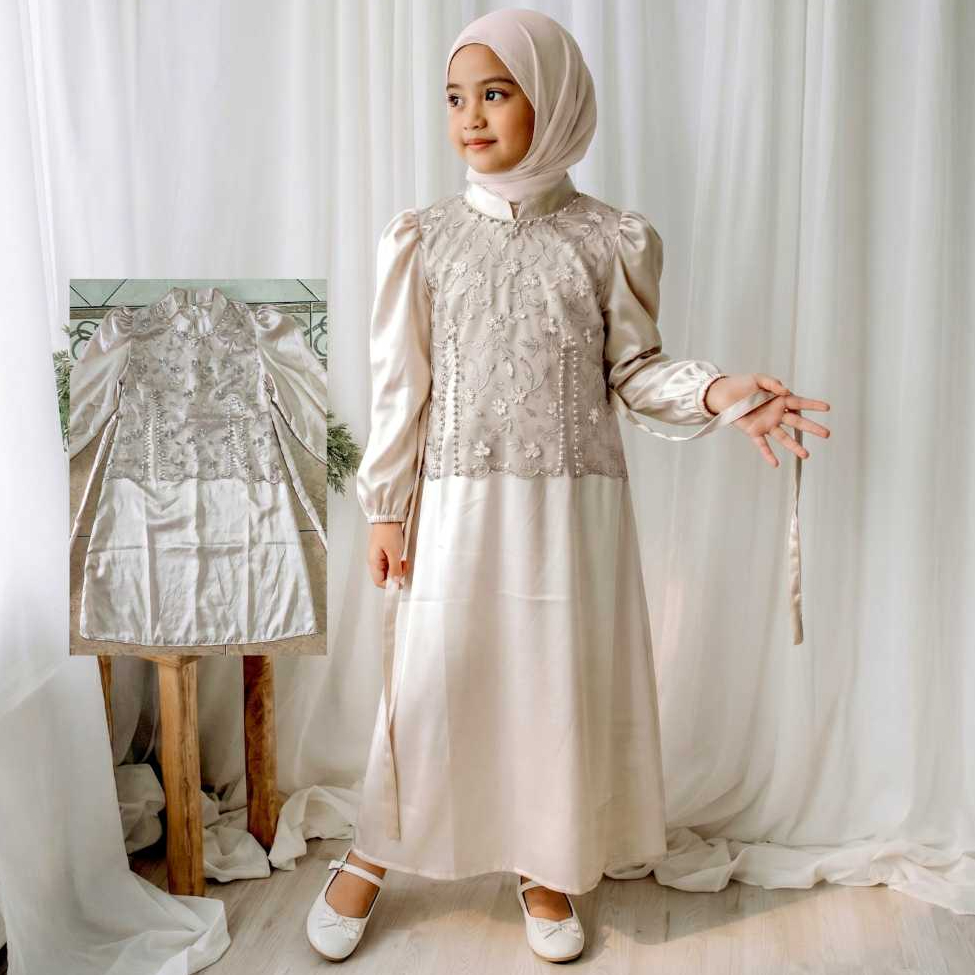 Gamis Anak Perempuan 2-9 Tahun//Gamis Mewah Pesta Kondangan//Satin Brukat Mutiara
