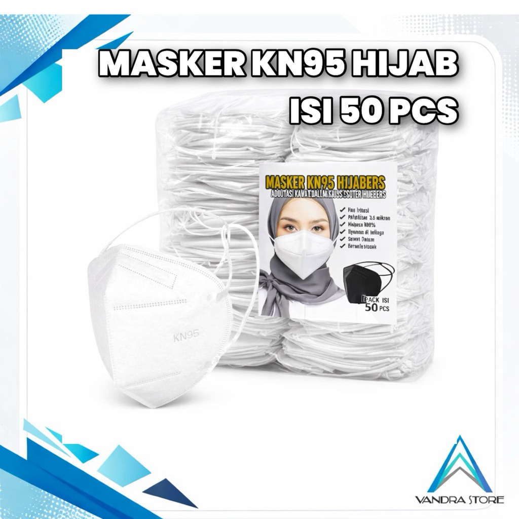 Masker KN95 Hijab Premium Isi 50 PCS Tanpa Dus — Kualitas Tebal Nyaman Dipakai, Tali Kuat & Lentur, 