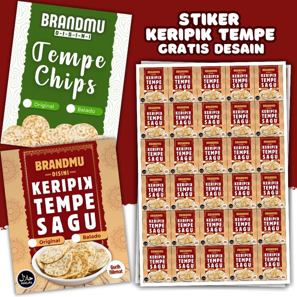 Stiker Label Keripik Tempe Keripik Sagu Custom Nama Brand Logo Kemasan Toples Plastik A3+ Chromo