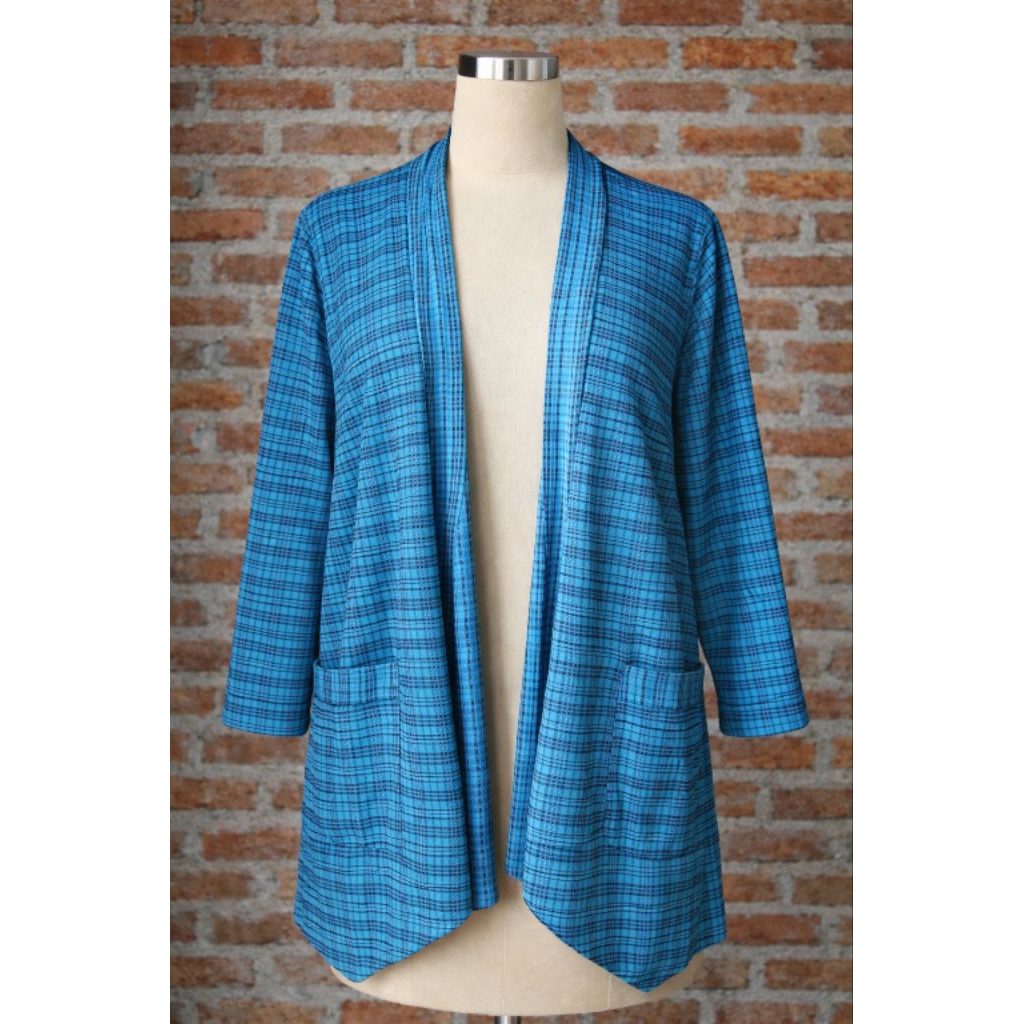 Cardigan Wanita Motif Kotak Biru Tosca Lengan Panjang