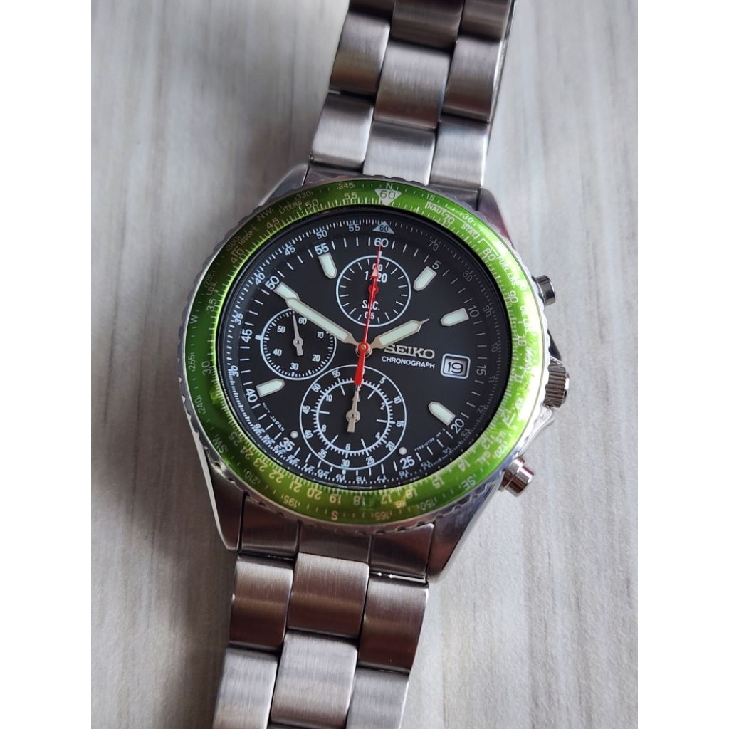 Seiko Flightmaster Pilot Quartz Chronograph 7T92-0CF0 Green Bezel RARE