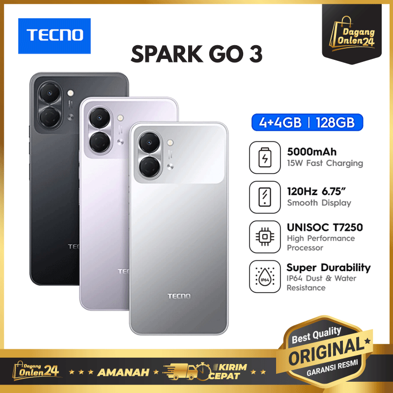 TECNO Spark Go 3 RAM 4/128GB, Tahan Percikan Air dan Debu HP Murah 1 Jutaan Original 100%
