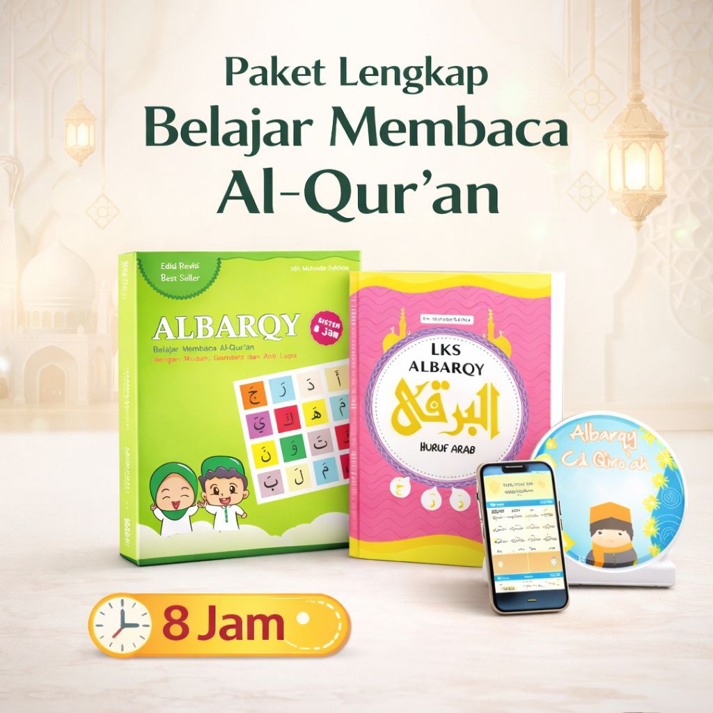 Paket 2 (two) Al Barqy 8 Jam Belajar Cepat Membaca Al-Qur’an untuk Anak dan Dewasa + LKS + Link Digi