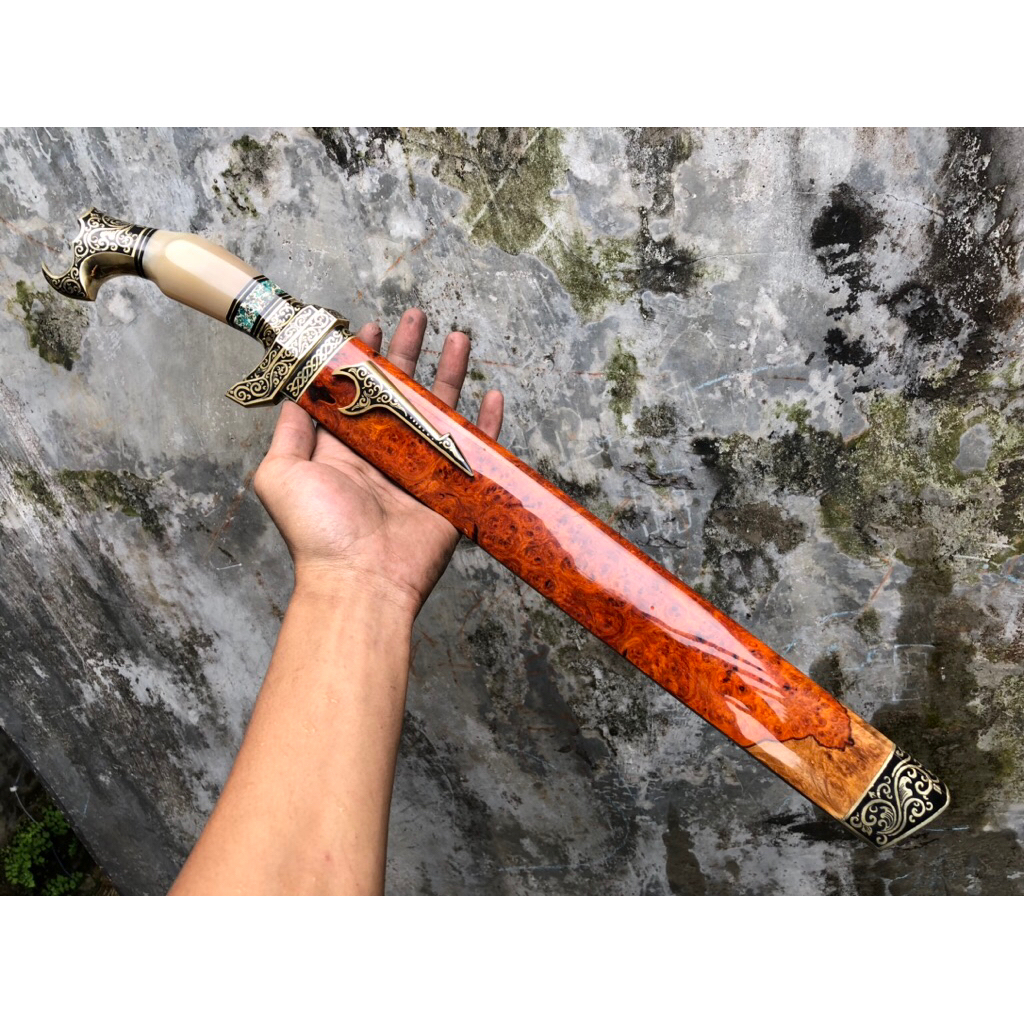 Pisau Sembelih Baja BOHLER M390 35cm 60HRC Tajam - Sarung Kayu BURL, Gagang Tanduk, Fulltank di Pin
