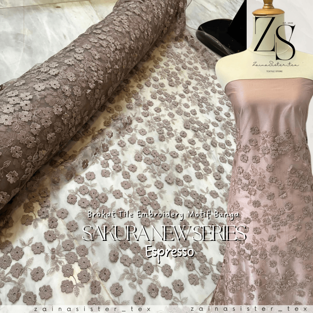 Bahan Kain Brokat Tile Embroidery Motif Bunga Kecil Sakura Series Warna Espresso Bahan Seragam Bride