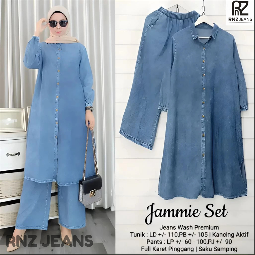 Jammie one set long jeans wanita setelan celana atasan tunik panjang RNZ JEANS