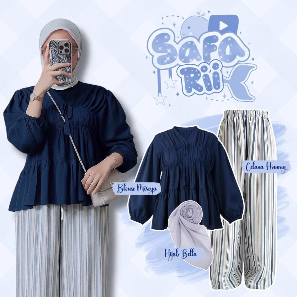 3in1 Set Wanita / Mireya Blouse + Celana Rayon + Hijab / Setelan Wanita / Setelan Wanita Kekinian / 