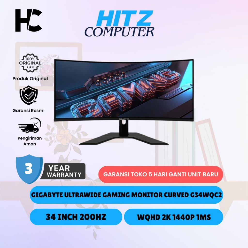 GIGABYTE ULTRAWIDE GAMING MONITOR CURVED 34 INCH G34WQC2 VA 1500R WQHD 2K 1440P 1MS 200HZ
