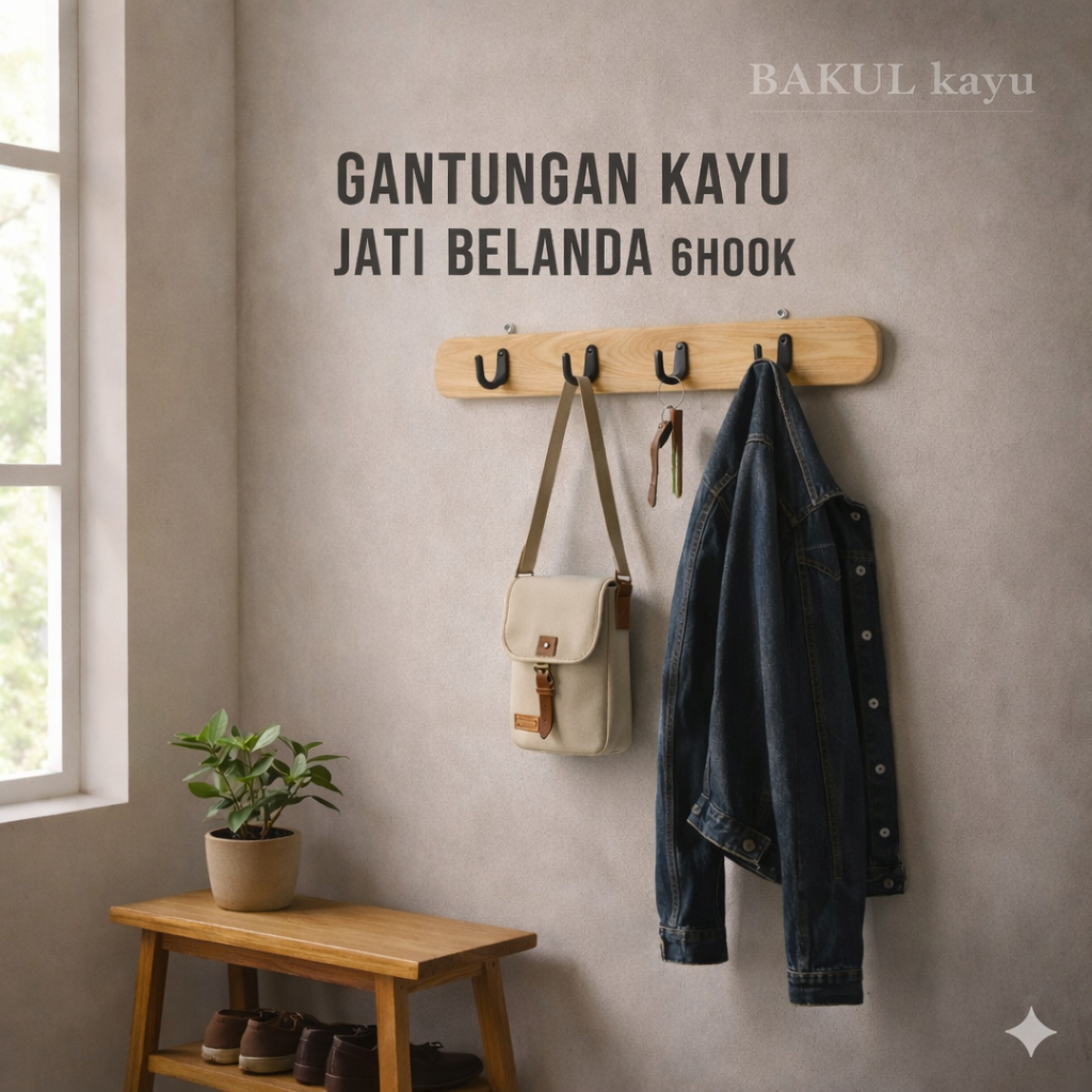 Gantungan Dinding Kayu 6 Kait – Kapstok Estetik Natural untuk Tas Baju Jaket