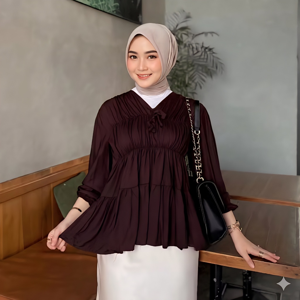 Mireya Kerut Dada Blouse Kerut Dada Lengan Panjang Bahan Rayon Atasan Wanita Te