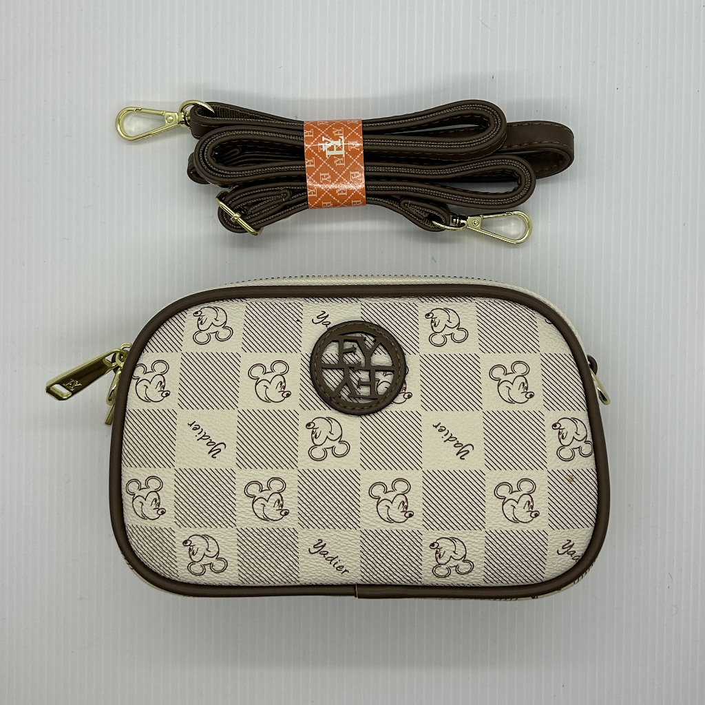 Yadier Tas Wanita Fashion Mickey Sling Bag Double Zipper Cream Brown