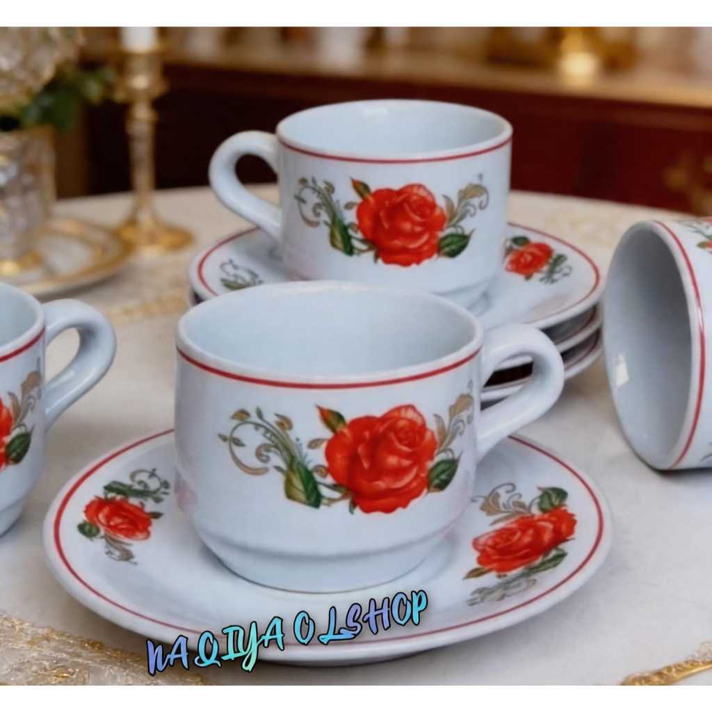 Cangkir Set Tatakan motif bunga - Cangkir Keramik Set - Cangkir Kopi dengan Tatakan