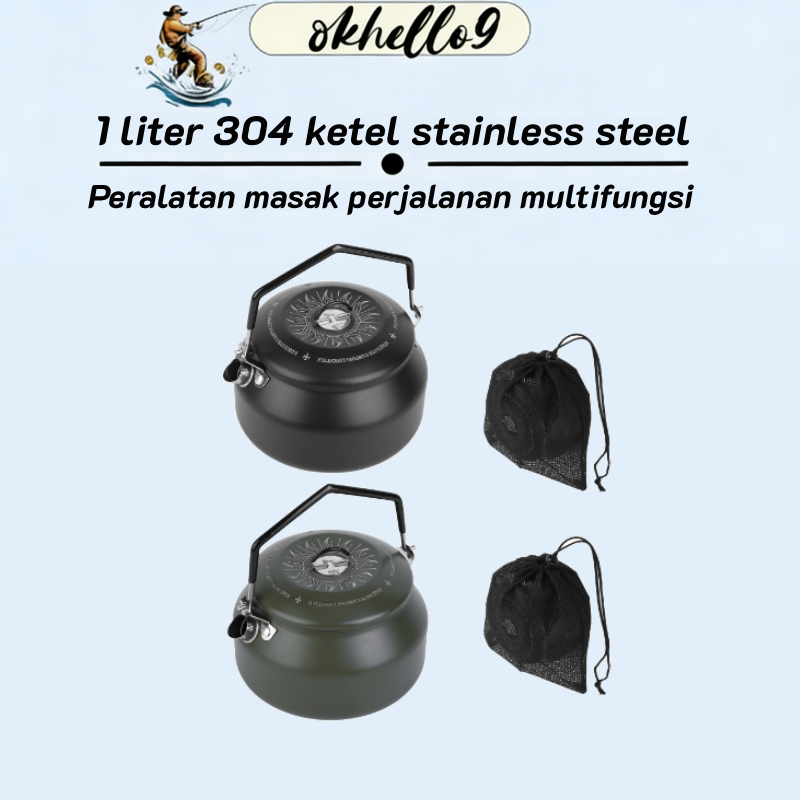Teko 1L Baja Tahan Karat 304 Anti Licin Ringan, Teko Camping Serbaguna, Alat Masak Perjalanan untuk 