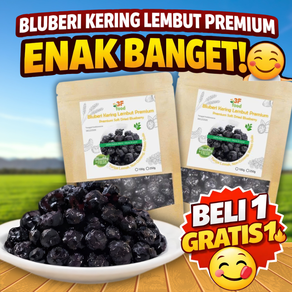 [Beli 2 Gratis 3] 3F FOOD Blueberi Kering Lembut Premium – Camilan Sehat Buah Kering Manis, Enak & B